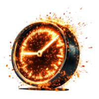 Exploding Clock with Bright Sparks and Light on Black Background png