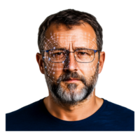 Man with Glasses and Digital Face Projection for Technology Theme png