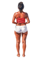 Woman in Red Top and White Shorts Standing on a Beach Background png