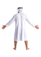 Man in Traditional White Attire with Arms Open in Studio Setting png