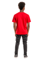 Young Boy in Red T-Shirt Standing with Back to Camera in Studio png