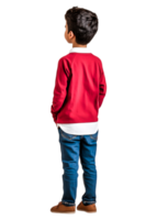 Young Boy in Red Sweater and Jeans Posing from Back View png