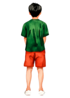 Young Boy Standing with Back to Viewer in Colorful Summer Outfit png