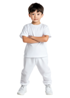 Confident Young Boy in White Outfit with Arms Crossed in Studio png