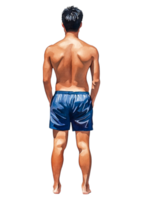 Man Standing with Bare Back in Blue Swim Shorts, Minimalist Style png