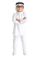 Young Boy in Traditional Emirati Attire with Glasses and Confident Pose png