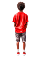 Young Boy in Red Shirt and Shorts Standing with Back to Viewer png