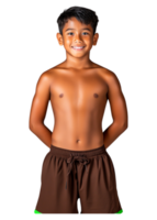 Young Boy Smiling with Confidence in Swim Shorts on Isolated Background png