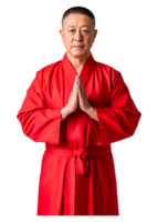 Calm Man in Red Robe Practicing Meditation with Hands Together png