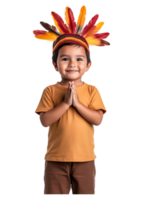 Happy Child in Feather Headdress with Hands Together Smiling png