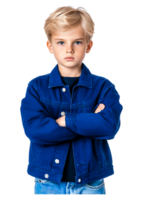 Confident Boy in Blue Jacket with Serious Expression on Isolated Background png
