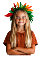 Joyful Girl with Colorful Leaf Headpiece and Confident Smile png