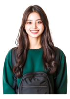 Smiling Young Woman with Long Hair Wearing Green Sweater and Backpack png