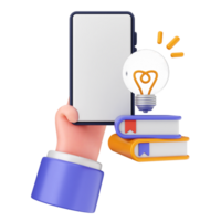 Hand holding a smartphone with a book and a light bulb icon png
