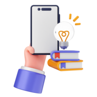 Hand holding a smartphone with a book and a light bulb png