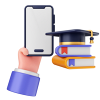 Hand holding a smartphone with a graduation cap and books png