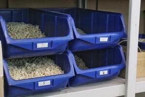 Close-up of blue plastic storage bins filled with raw materials. Industrial organization and efficient storage, logistics and supply chain. Concept of manufacturing, production, inventory control photo