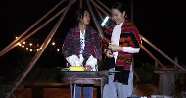 Handheld low angle view shot,Two happy Asian siblings are having a barbecue party in the evening. video