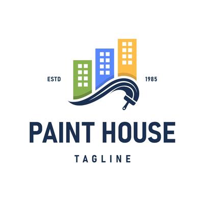 Creative Design Logo with combination of Paint Brush elements with Three Buildings in green, blue, and yellow, suitable for House Painting, Building Renovation