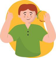 Man Eating Hamburger with Flat Cartoon Design. vector