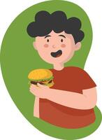 Man Eating Hamburger in Cartoon Design. vector