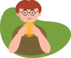 Man Eating Hamburger in Flat Cartoon Design. vector