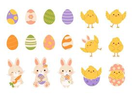 Set of Easter elements. Easter bunny, chicks and eggs. Flat isolated illustration vector
