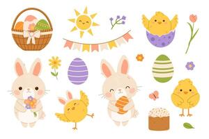 Easter elements set. Easter bunny, chicks and eggs. Flat isolated illustration vector