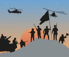 Silhouettes of soldiers who won the battle against the background of the setting sun. Winter period. vector