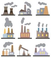 Colored icons of different factories. Set of factory buildings. Factories for energy production. vector