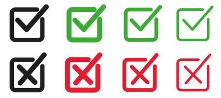 Set of flat buttons. Green ticks and red crosses. Square and different thickness of lines. vector