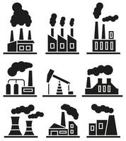 Set of dark icons of factory buildings. Factories for energy production. vector
