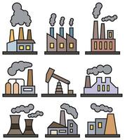 Factories for energy production. Colored icons with a stroke. Set of factory buildings. vector