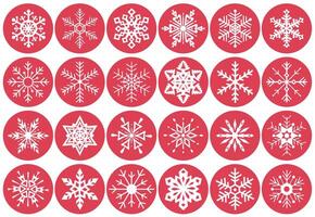 Set of organic and geometric white snowflakes in red circles. A nice element for Christmas banners, cards. vector