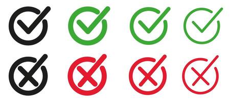 Set of flat buttons. Green ticks and red crosses. Circle and different thickness of lines. vector