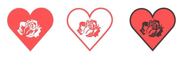 Set of heart icons with a rose inside. Collection of drawn hearts for website, symbol of love and Valentine's Day. vector