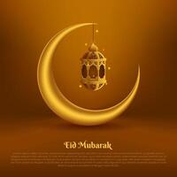 eid mubarak greeting card background with golden 3d crescent and lantern. islamic design. vector