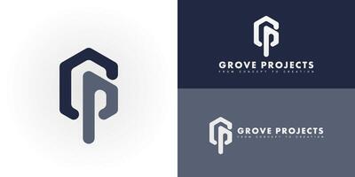 The dynamic logo design creatively integrates the initials GP within a striking hexagonal shape, creating a unique symbol that evokes a sense of structure, precision, and architectural innovation. vector