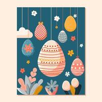 cute card with easter eggs and flowers in flat style on blue background. easter illustration with colorful eggs vector