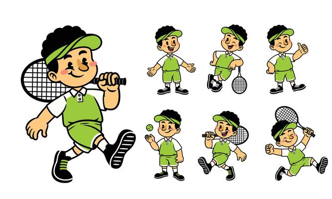 Set Cute Cartoon Character Of Tennis Player