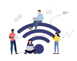 Teamwork and project delegation. Employee work from home remotely. People with different skills connecting together online and working on the same project, remote work vector