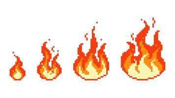 Burning pixel fire ignition. Small red bonfire turning into fiery hell consequences of explosion blazing with raging flame. vector