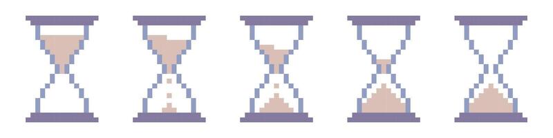 Pixel web hourglass icon set. Pixelated timer with sand animation for time and countdown to measure minutes and seconds interface vector