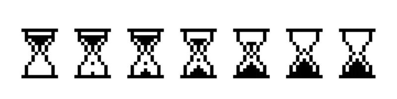 Pixel hourglass icon set. Retro timer with sand animation for time and countdown to measure minutes and seconds interface vector