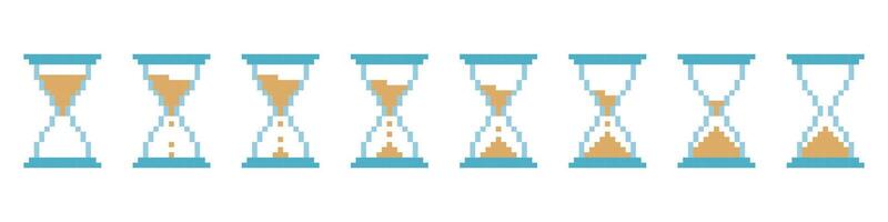Pixel colored hourglass icon set. Vintage timer with sand animation for time and countdown to measure minutes and seconds interface vector