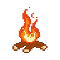 Average burning pixel bonfire. Fire has flared up with warm atmosphere of picnic and relaxation after hiking trip vector