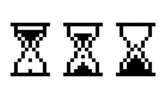 Pixel black hourglass icon. Retro timer with sand animation for time and countdown to measure minutes and seconds interface vector