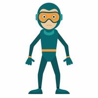 Cute cartoon illustration of a diver in a green wetsuit. Isolated on white background. Front view. vector