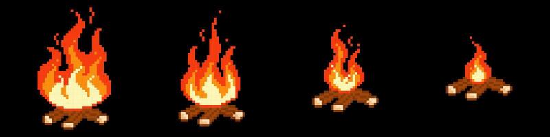 Stages burning pixel bonfire. Small red fire turning into fiery hell consequences of branches blazing with raging flame. vector