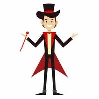 cheerful cartoon magician character in black and red coat and top hat holding magic wand .Isolated on white background. Front view. vector